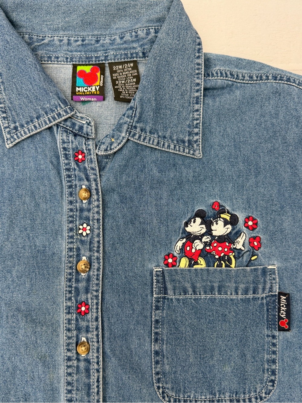 Disney Mickey Unlimited Mickey Minnie Embroidered Denim Shirt Grandmacore - Picture 1 of 8